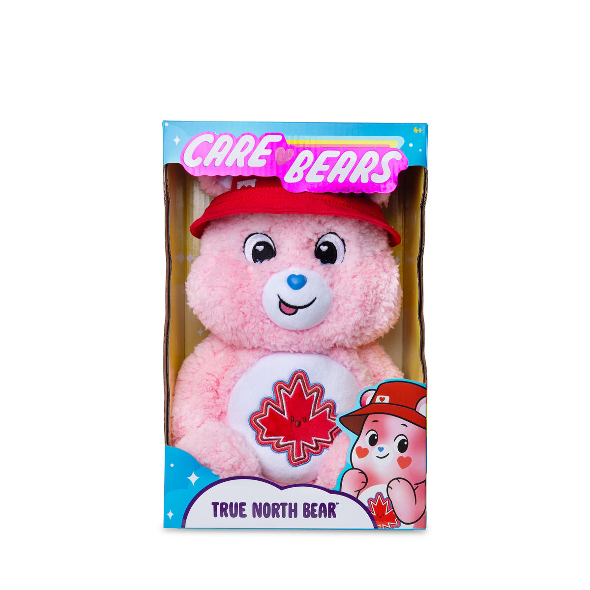 Care Bears plush toy in packaging with a red cap and maple leaf design on a white background