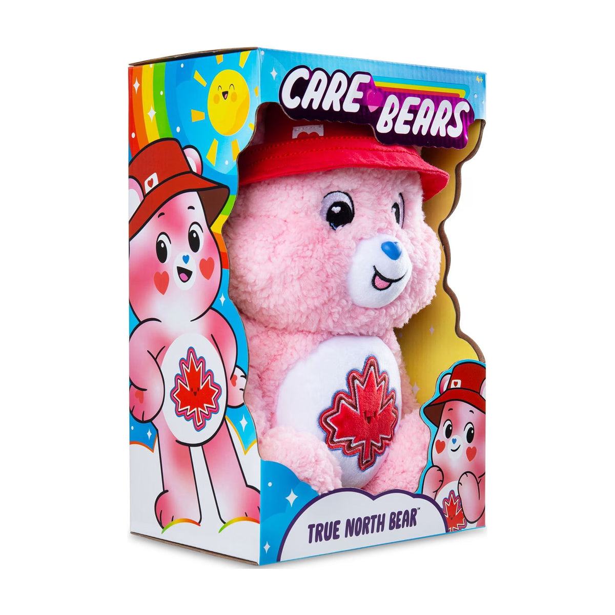 Care Bears plush toy with a red cap in its packaging on a white background
