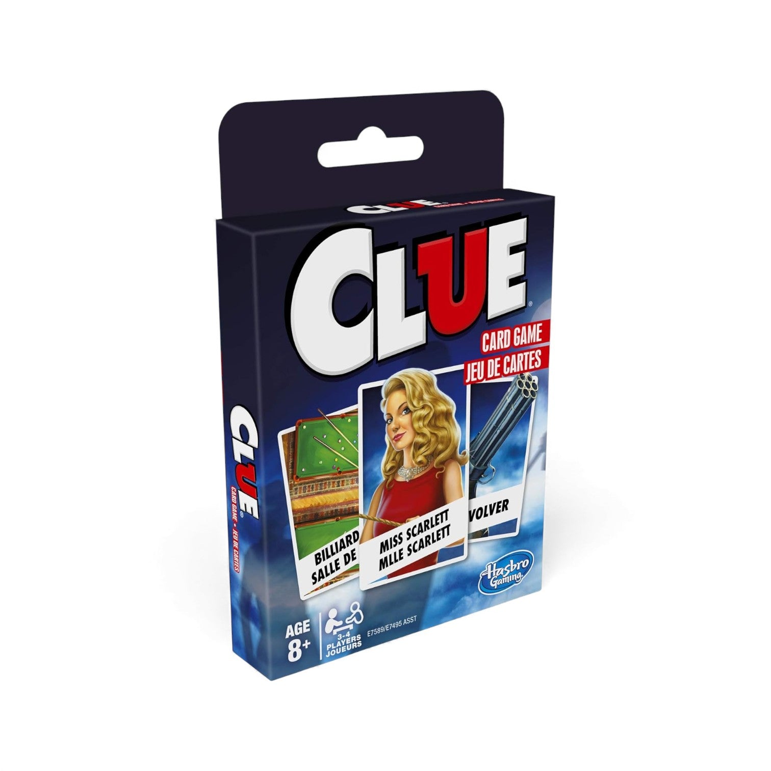 The box for the Clue Card Game (English and French bilingual edition), showing sample cards for Miss Scarlett, the Revolver, and the Billiard Room.