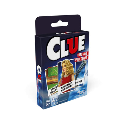 The box for the Clue Card Game (English and French bilingual edition), showing sample cards for Miss Scarlett, the Revolver, and the Billiard Room.