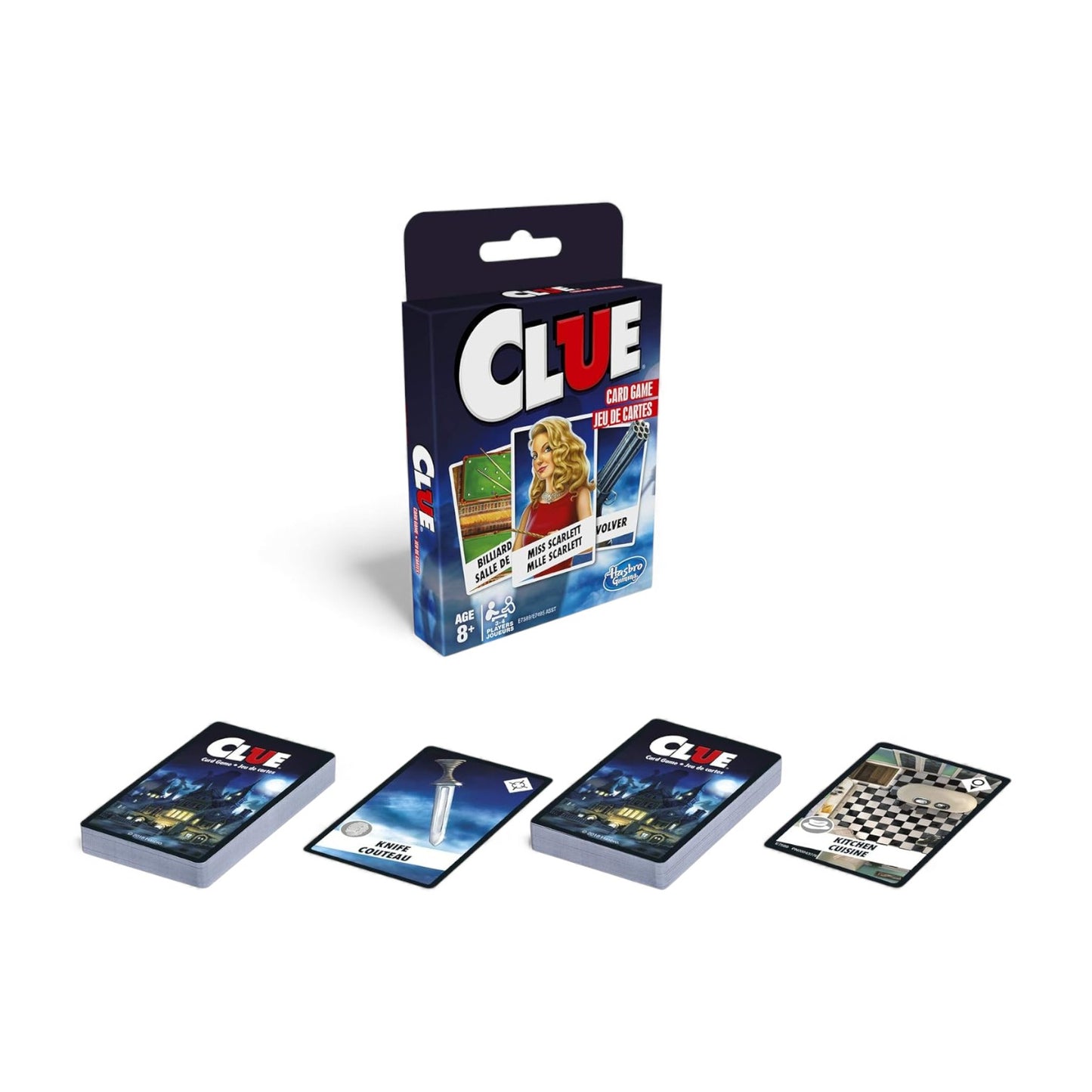 Clue game packaging with cards on a white background
