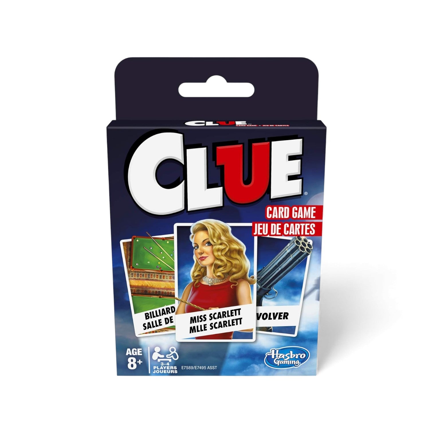 The box for the Clue Card Game (English and French bilingual edition), showing sample cards for Miss Scarlett, the Revolver, and the Billiard Room.