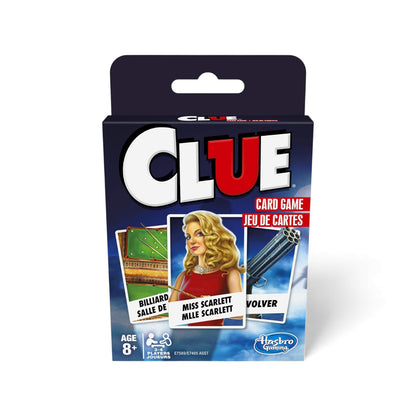 The box for the Clue Card Game (English and French bilingual edition), showing sample cards for Miss Scarlett, the Revolver, and the Billiard Room.