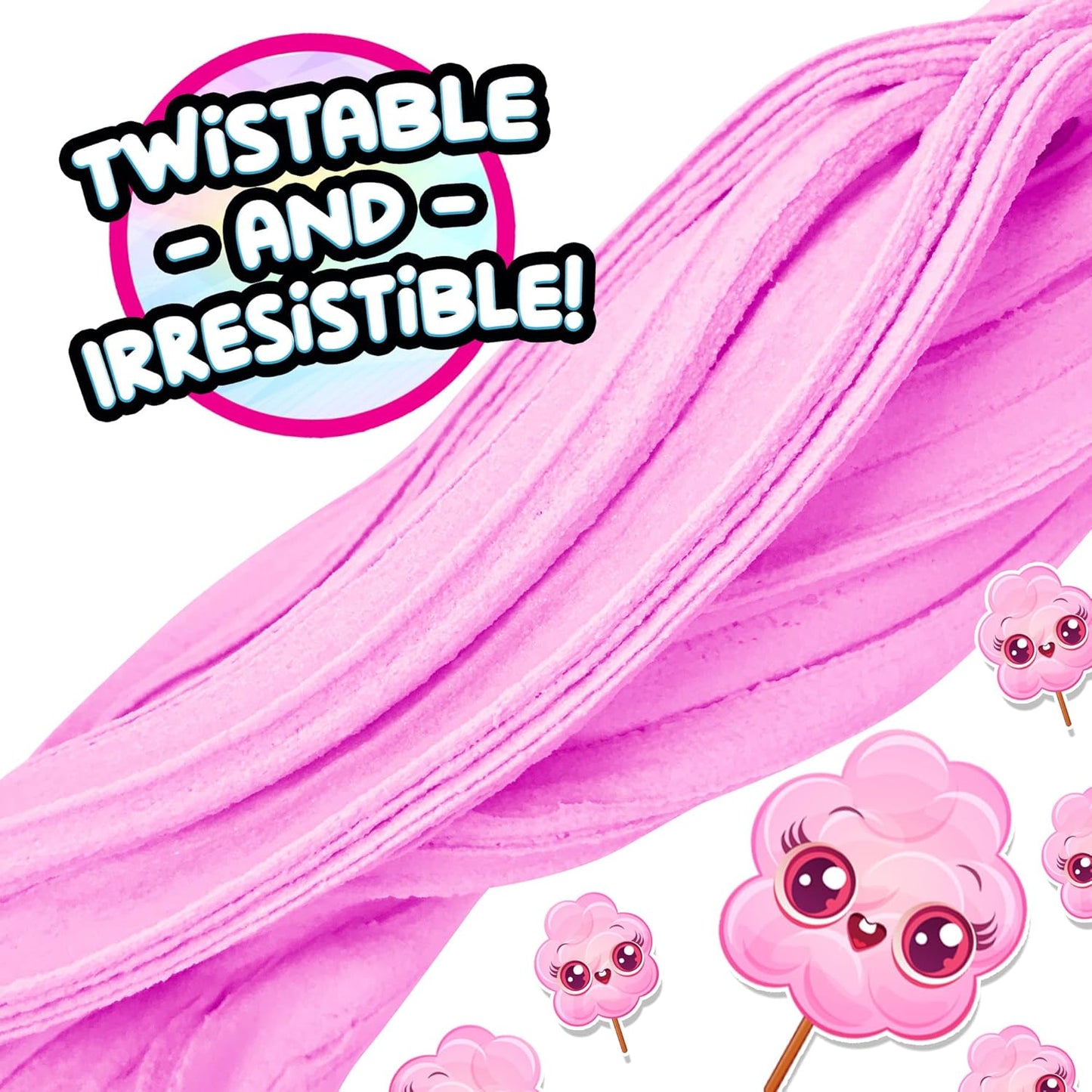 Pink slime with cartoon characters and text 'Twistable and Irresistible' on a white background
