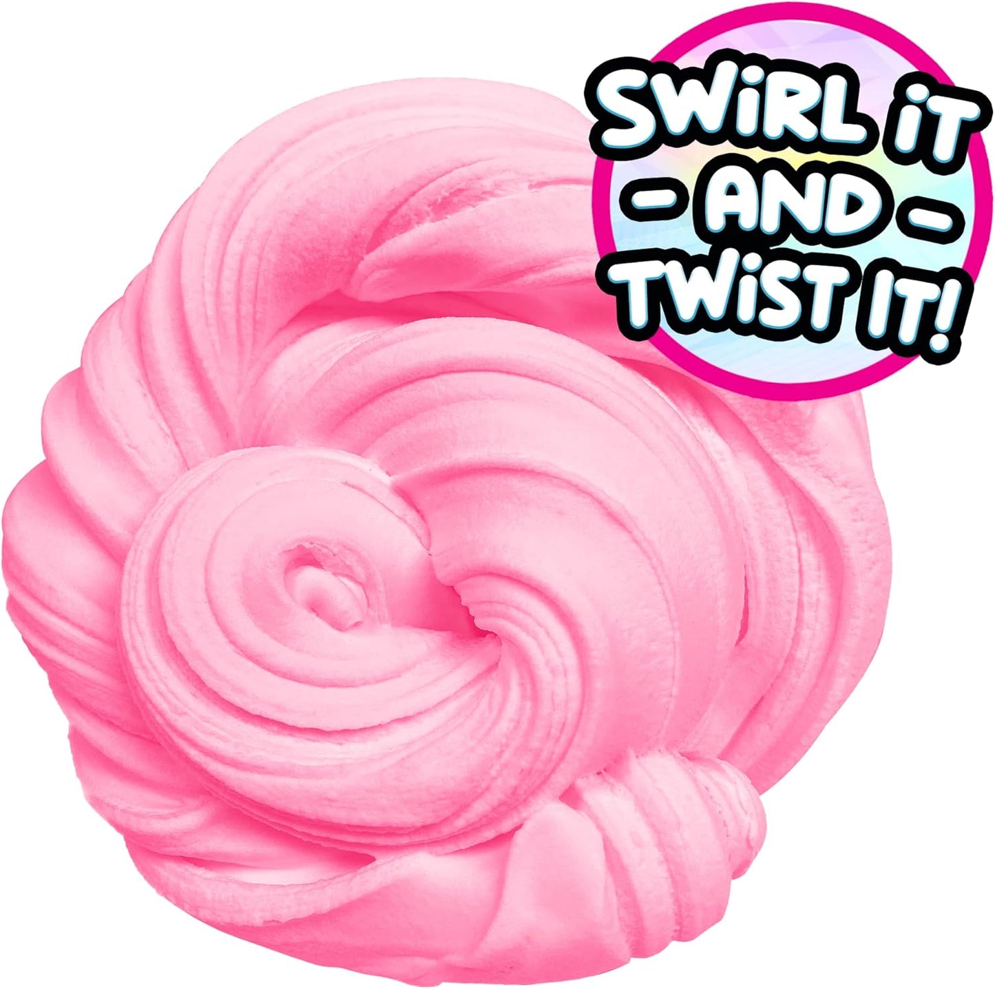 Pink slime with swirling pattern and text 'Swirl it and Twist it!' on a white background