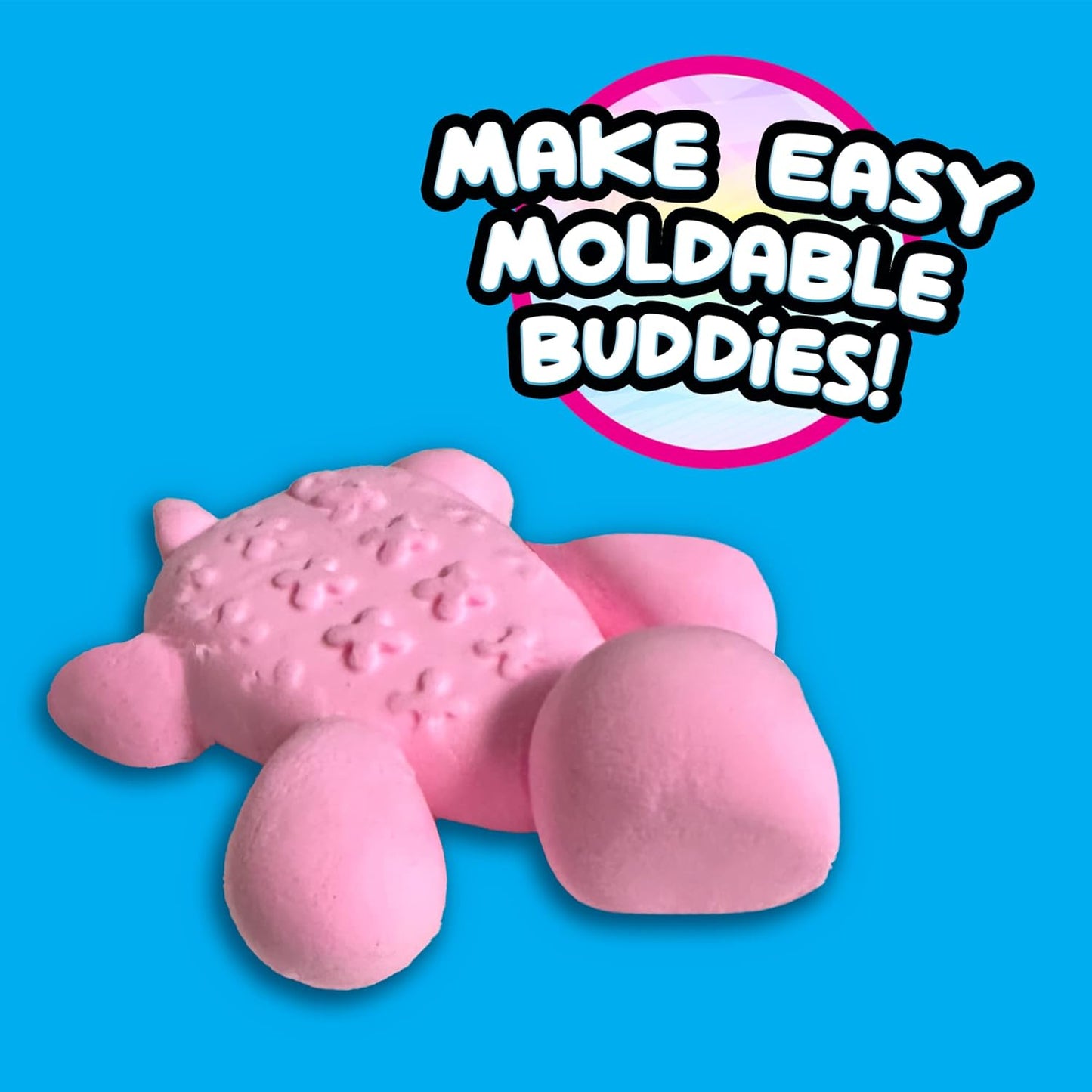 Pink moldable buddy toy on a blue background with text 'Make Easy Moldable Buddies!'.