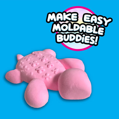 Pink moldable buddy toy on a blue background with text 'Make Easy Moldable Buddies!'.