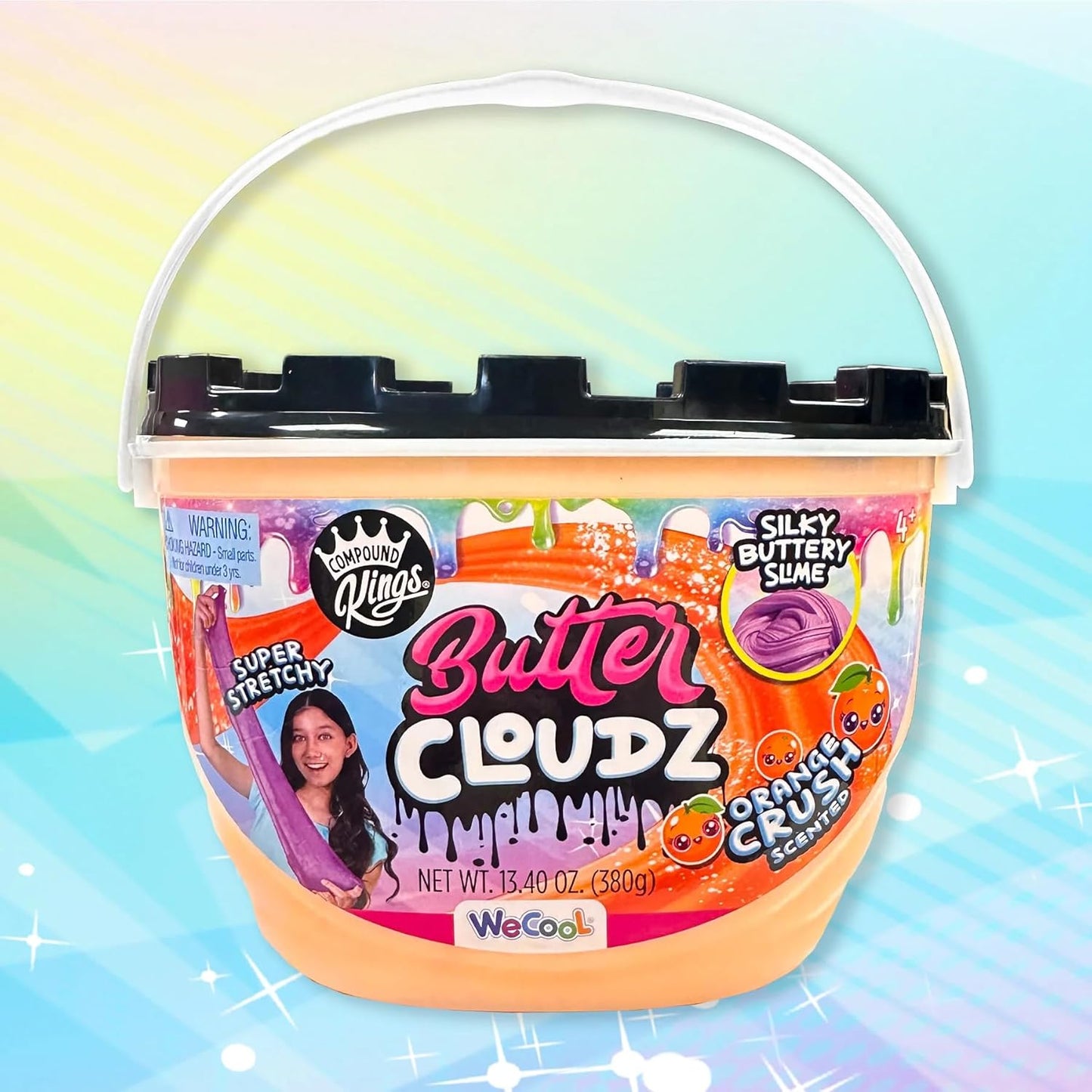Container of Butter Cloudz slime with a colorful background