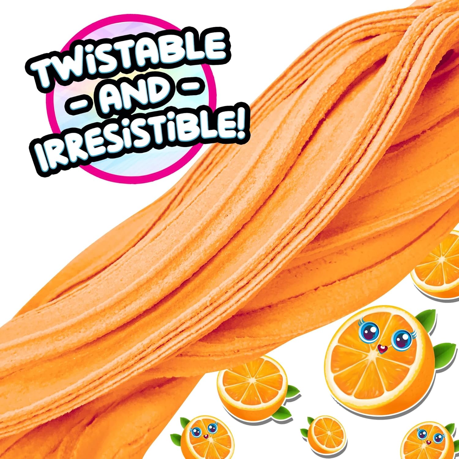 Orange twistable candy with cartoon oranges and text 'Twistable and Irresistible!' on a white background