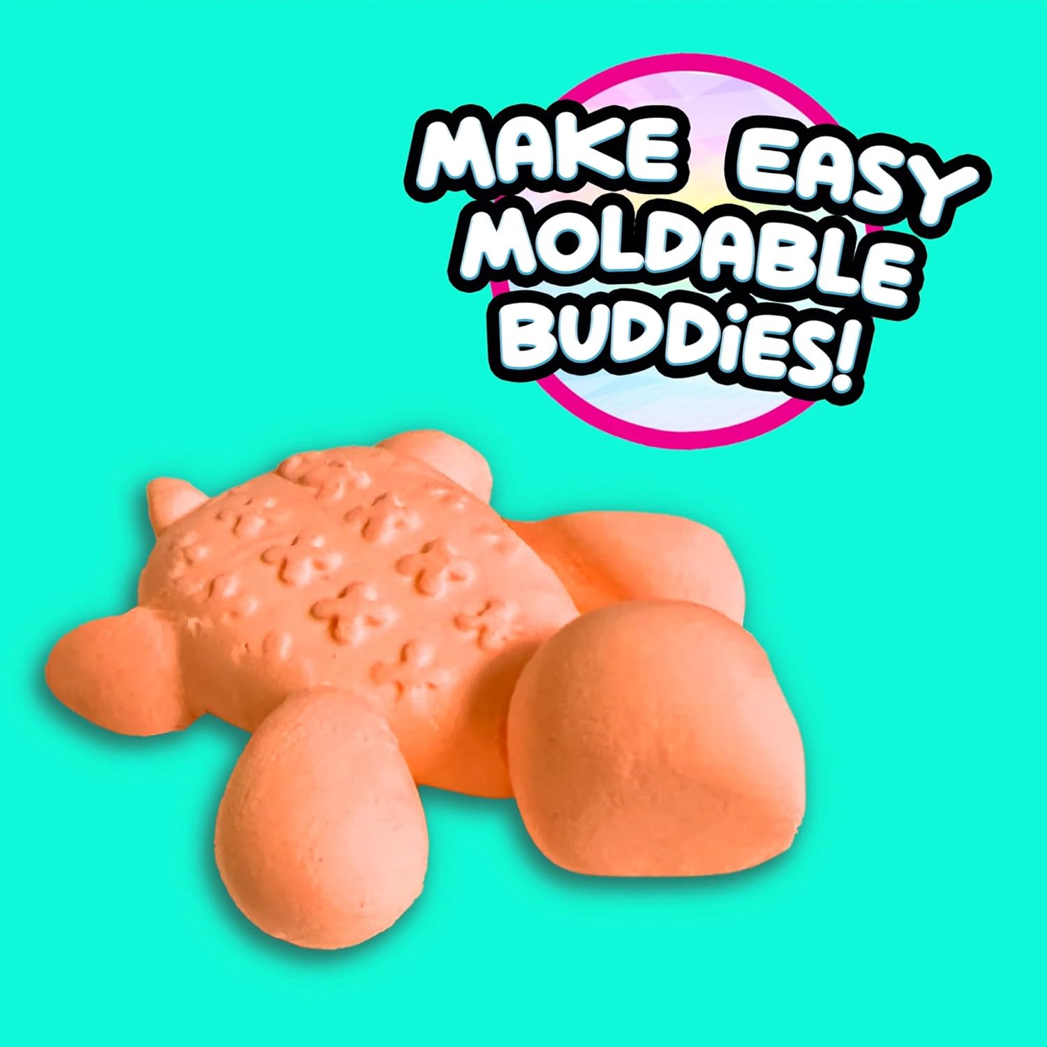 Pink moldable buddy toy on a teal background with text 'Make Easy Moldable Buddies!'.