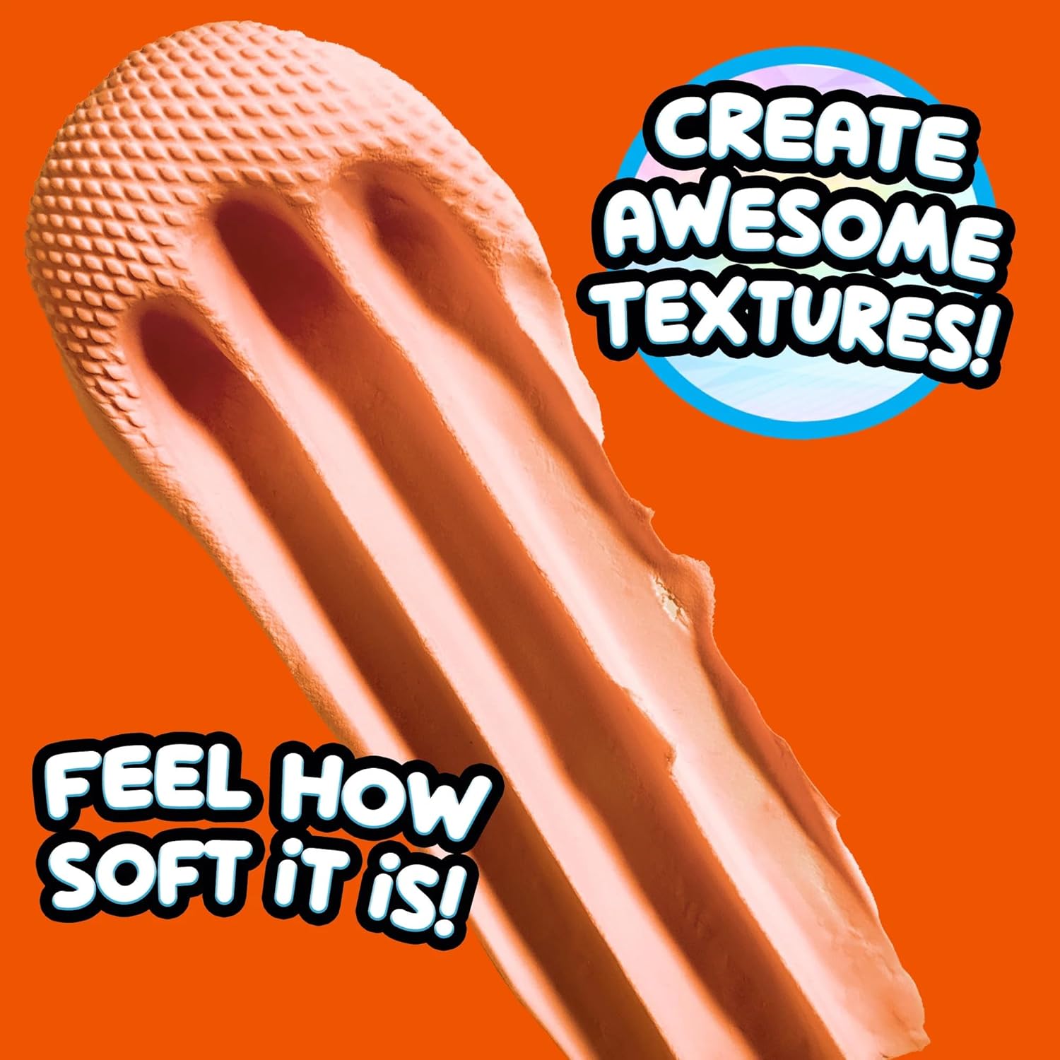Textured peach-colored material with 'Create Awesome Textures!' and 'Feel How Soft It Is!' text on an orange background.