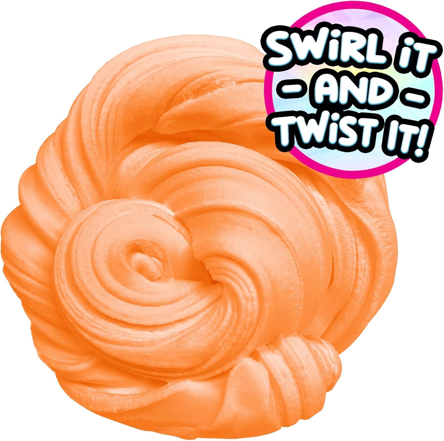 Orange slime with swirling pattern and text 'Swirl it and Twist it!' on a white background