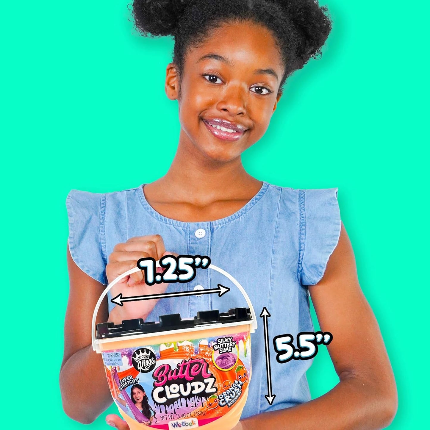 Girl holding a container labeled 'Butter Cloudz' with measurements on a green background
