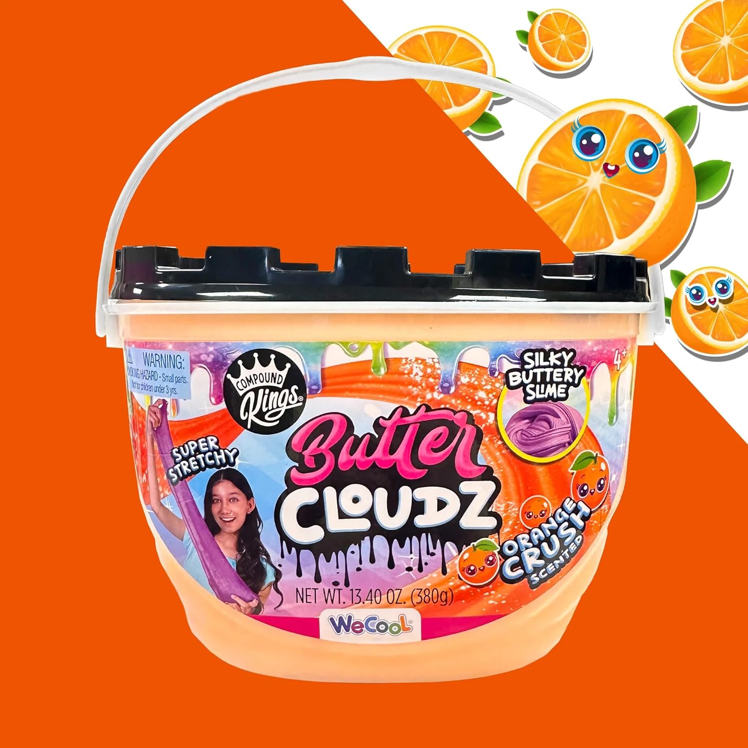 Bucket of Butter Cloudz slime with orange slices and a child on an orange background