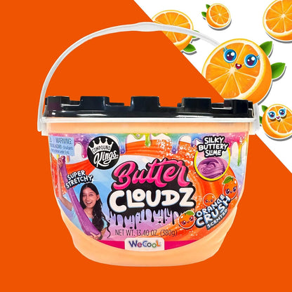 Bucket of Butter Cloudz slime with orange slices and a child on an orange background