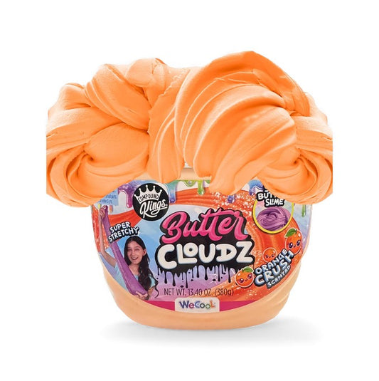 A large tub of orange, fluffy Compound Kings Butter Cloudz slime, overflowing the container, with "Orange Crush Scented" on the label.