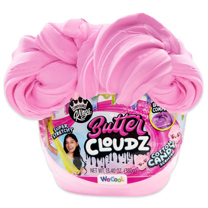 A large pink tub of Compound Kings Butter Cloudz Slime, with the pink slime compound overflowing and labeled Cotton Candy scented.