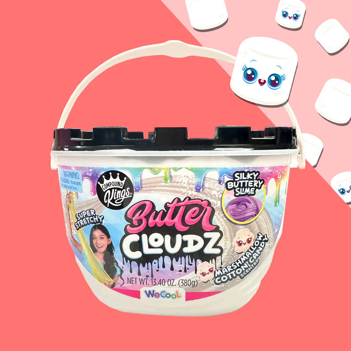 Bucket of Butter Cloudz slime with colorful label on a pink background