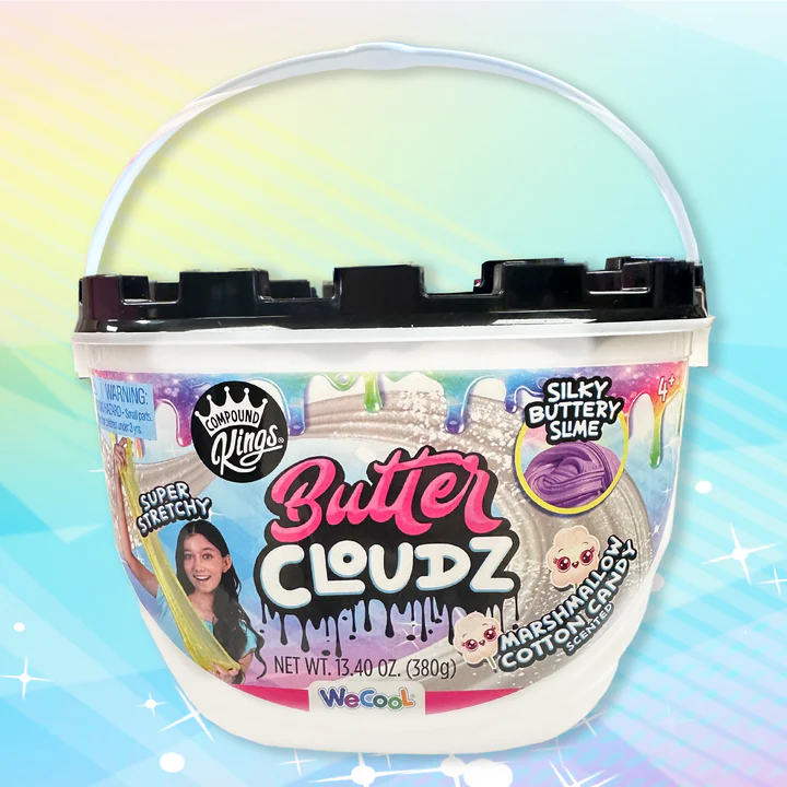 Container of Butter Cloudz slime with colorful label on a gradient background