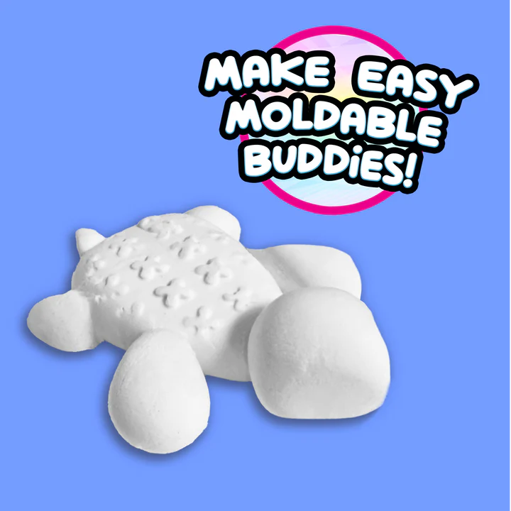 White moldable buddy on a blue background with text 'Make Easy Moldable Buddies'.