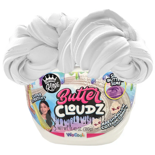 A large white tub of Compound Kings Butter Cloudz Slime, white in color, with a fluffy texture and Marshmallow Cotton Candy scent, shown ready for stretching and twisting.