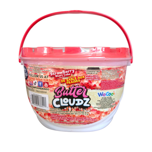A bucket of Compound Kings Butter Cloudz silky buttery slime featuring a limited-edition strawberry short cake scent and foam bead mix-ins.