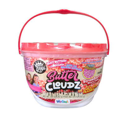A bucket of Compound Kings Butter Cloudz silky buttery slime featuring a limited-edition strawberry short cake scent and foam bead mix-ins.