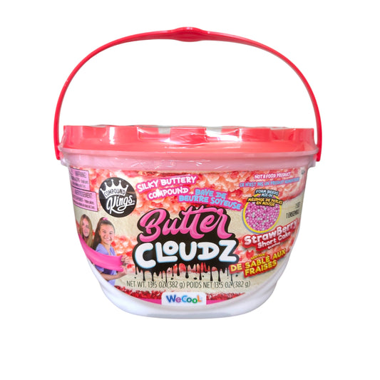 A bucket of Compound Kings Butter Cloudz silky buttery slime featuring a limited-edition strawberry short cake scent and foam bead mix-ins.