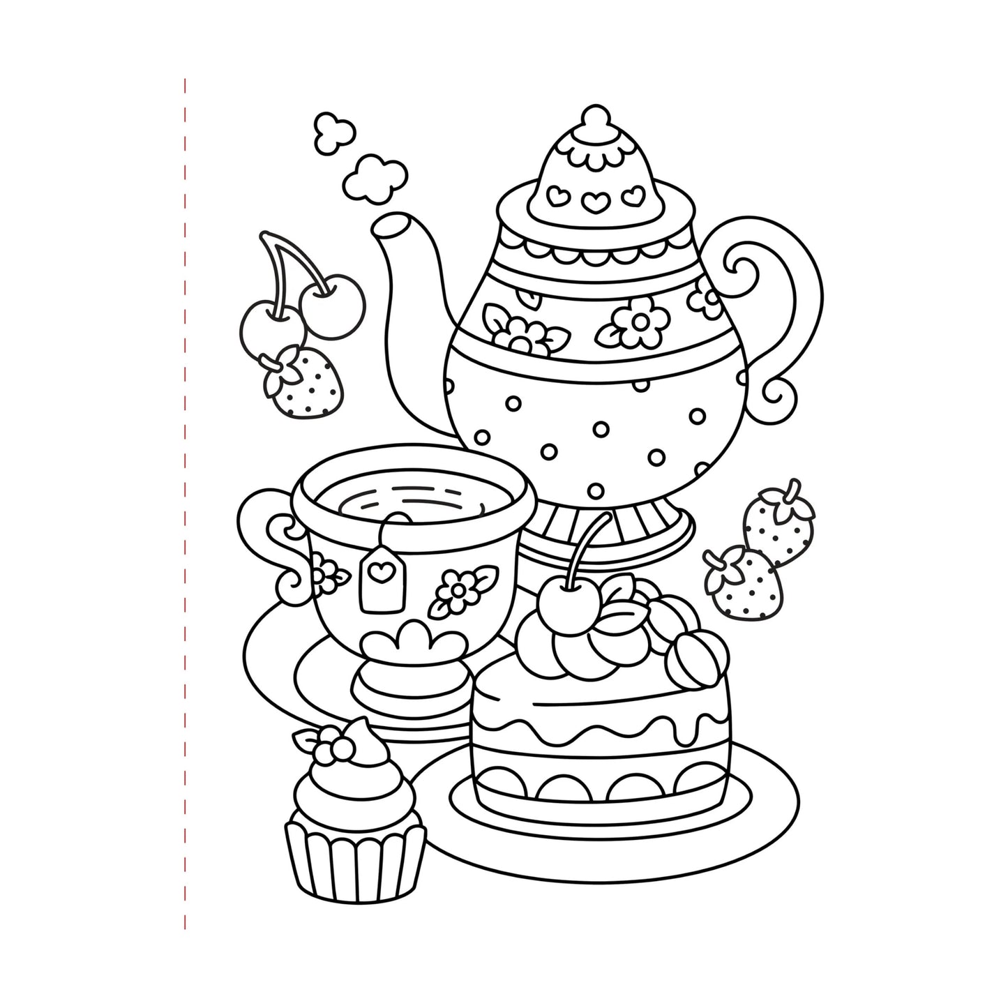 Black and white illustration of a teapot, cup, cake, and cupcake on a white background
