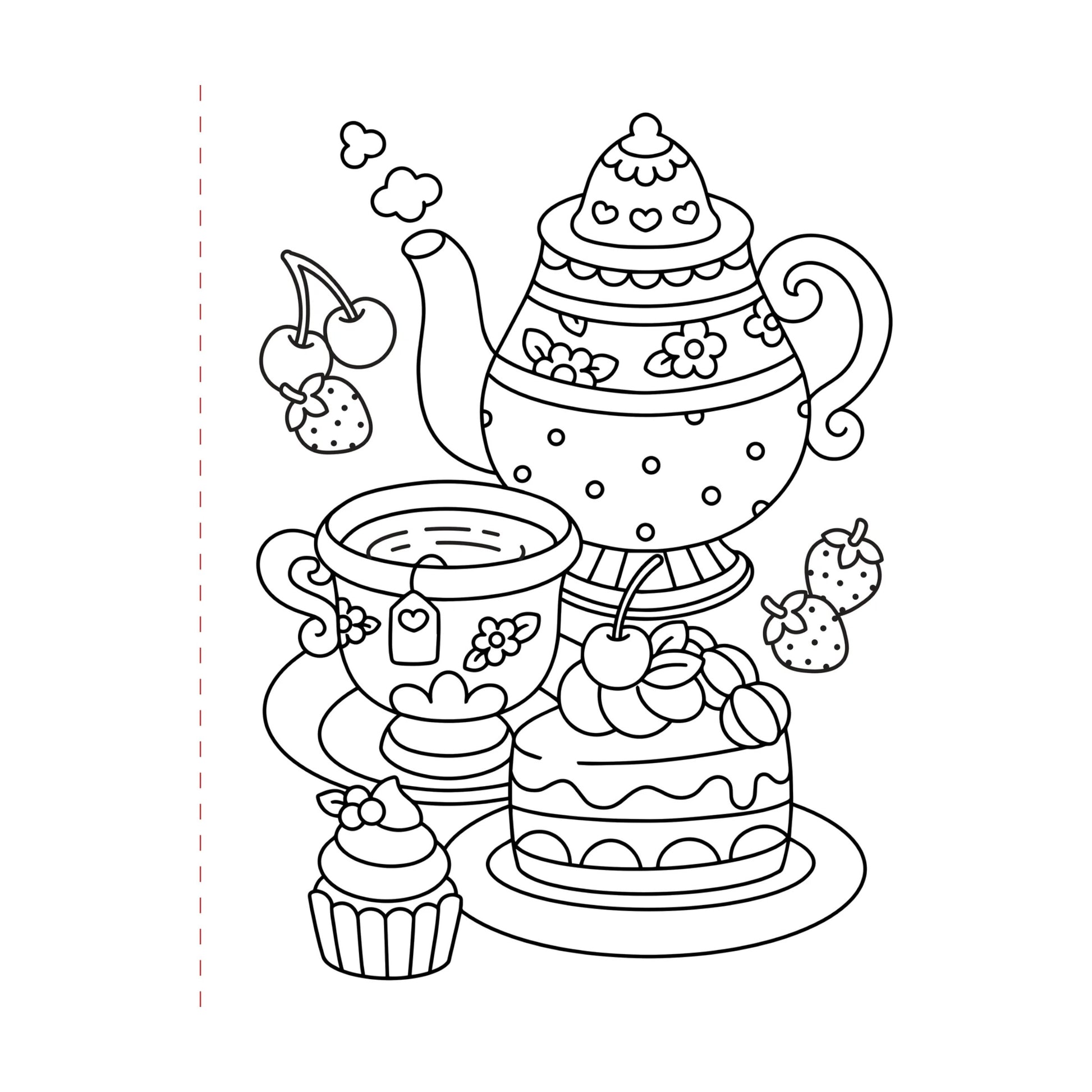 Black and white illustration of a teapot, cup, cake, and cupcake on a white background