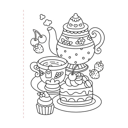 Black and white illustration of a teapot, cup, cake, and cupcake on a white background