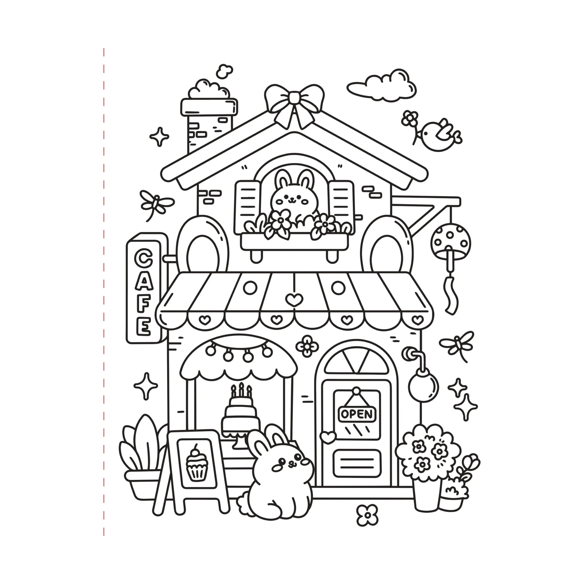 Illustration of a cute cafe with a rabbit character, suitable for coloring.