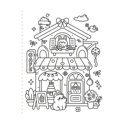 Illustration of a cute cafe with a rabbit character, suitable for coloring.