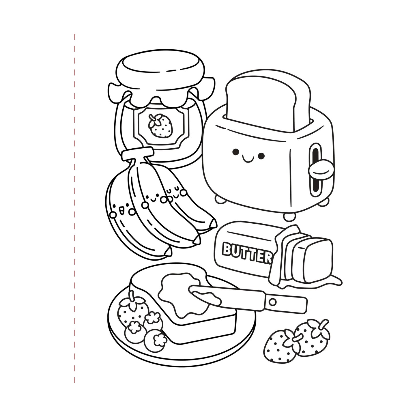 Illustration of a toaster, banana, jam, and butter with a knife on a white background
