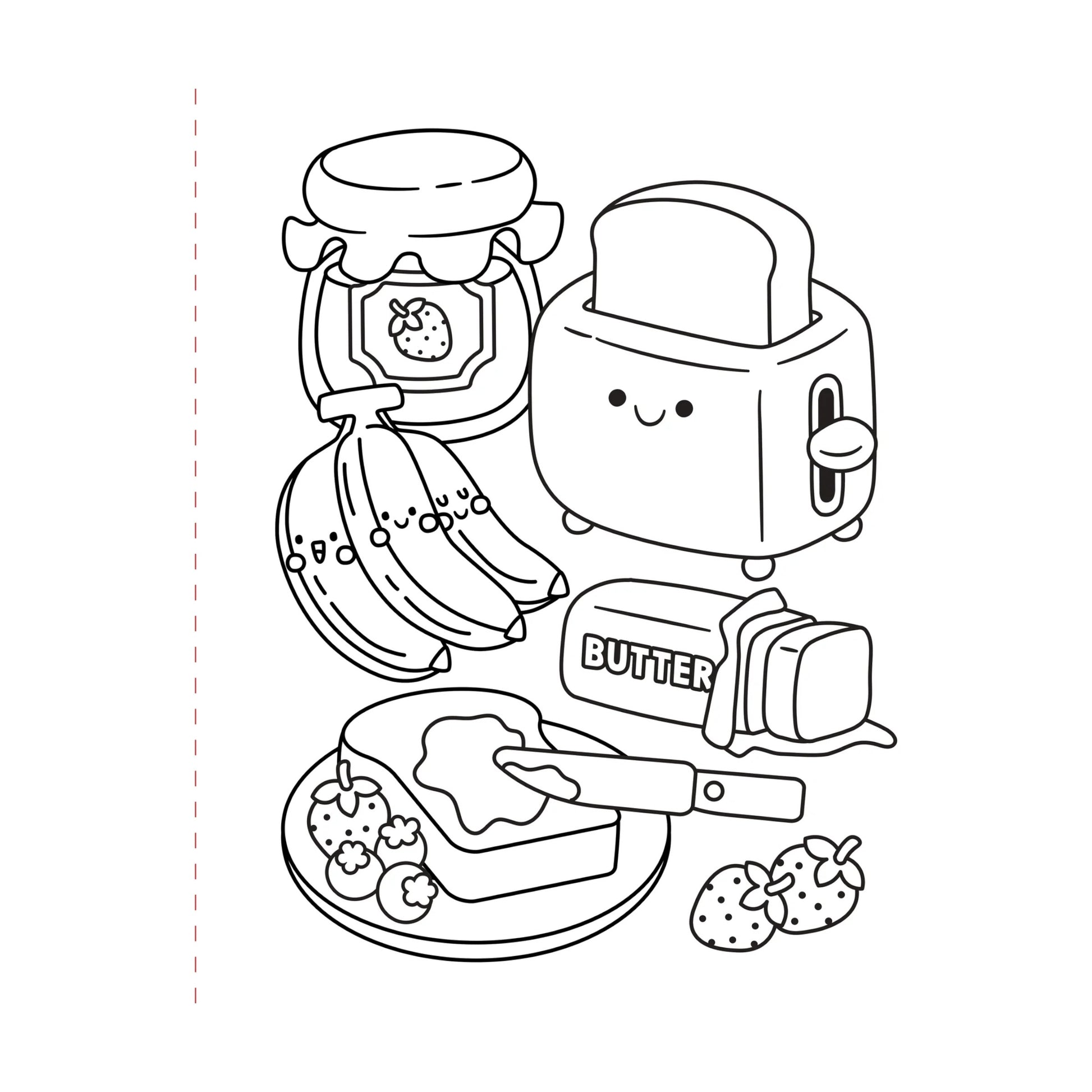 Illustration of a toaster, banana, jam, and butter with a knife on a white background