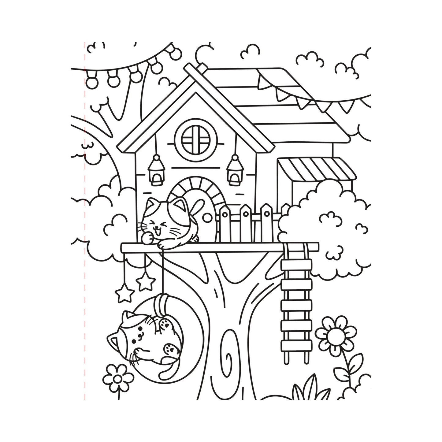 Coloring page of a treehouse with cats and flowers