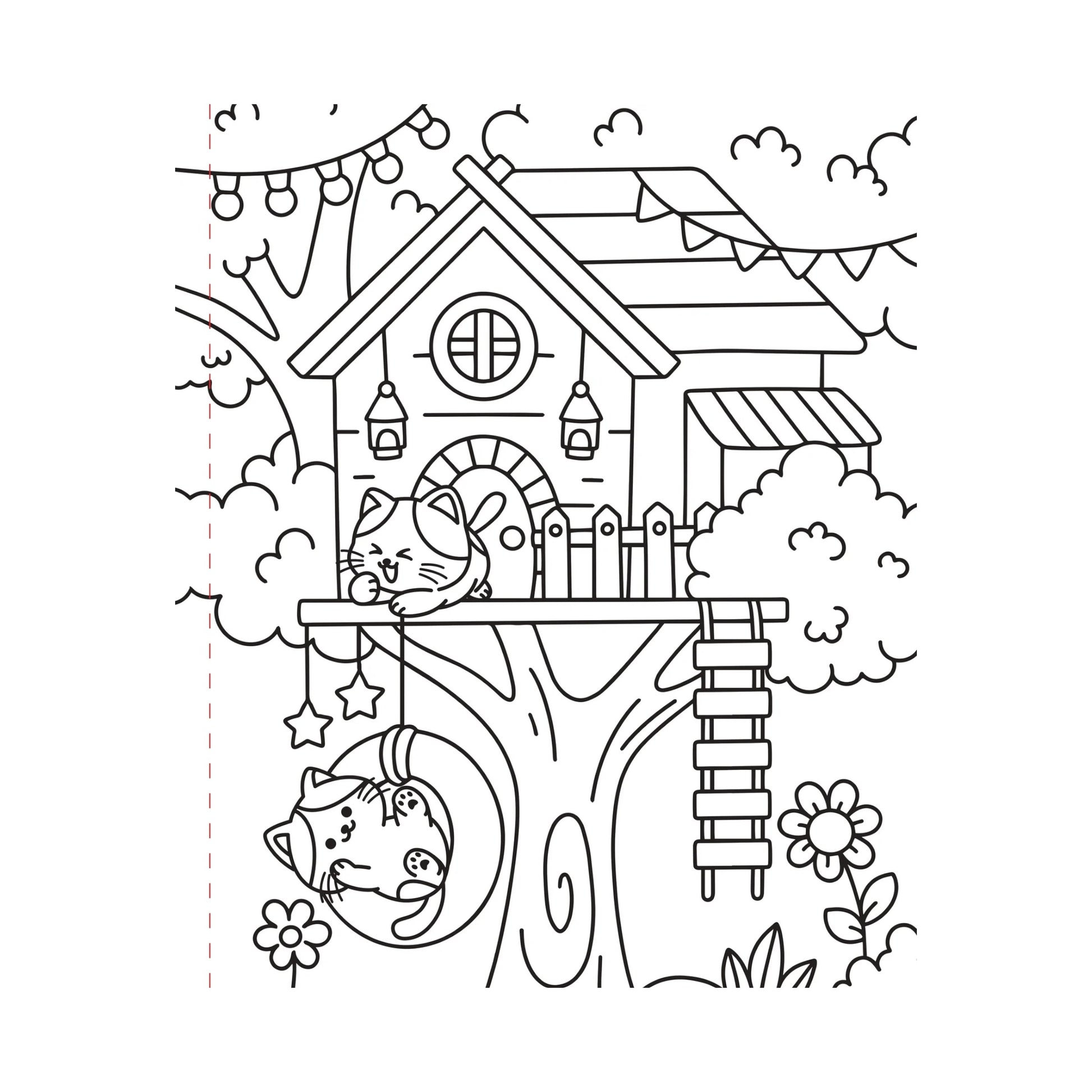 Coloring page of a treehouse with cats and flowers