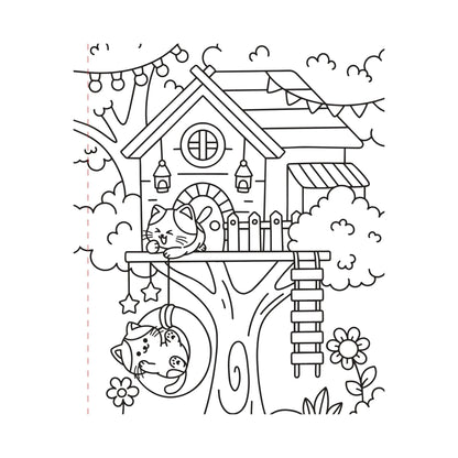 Coloring page of a treehouse with cats and flowers