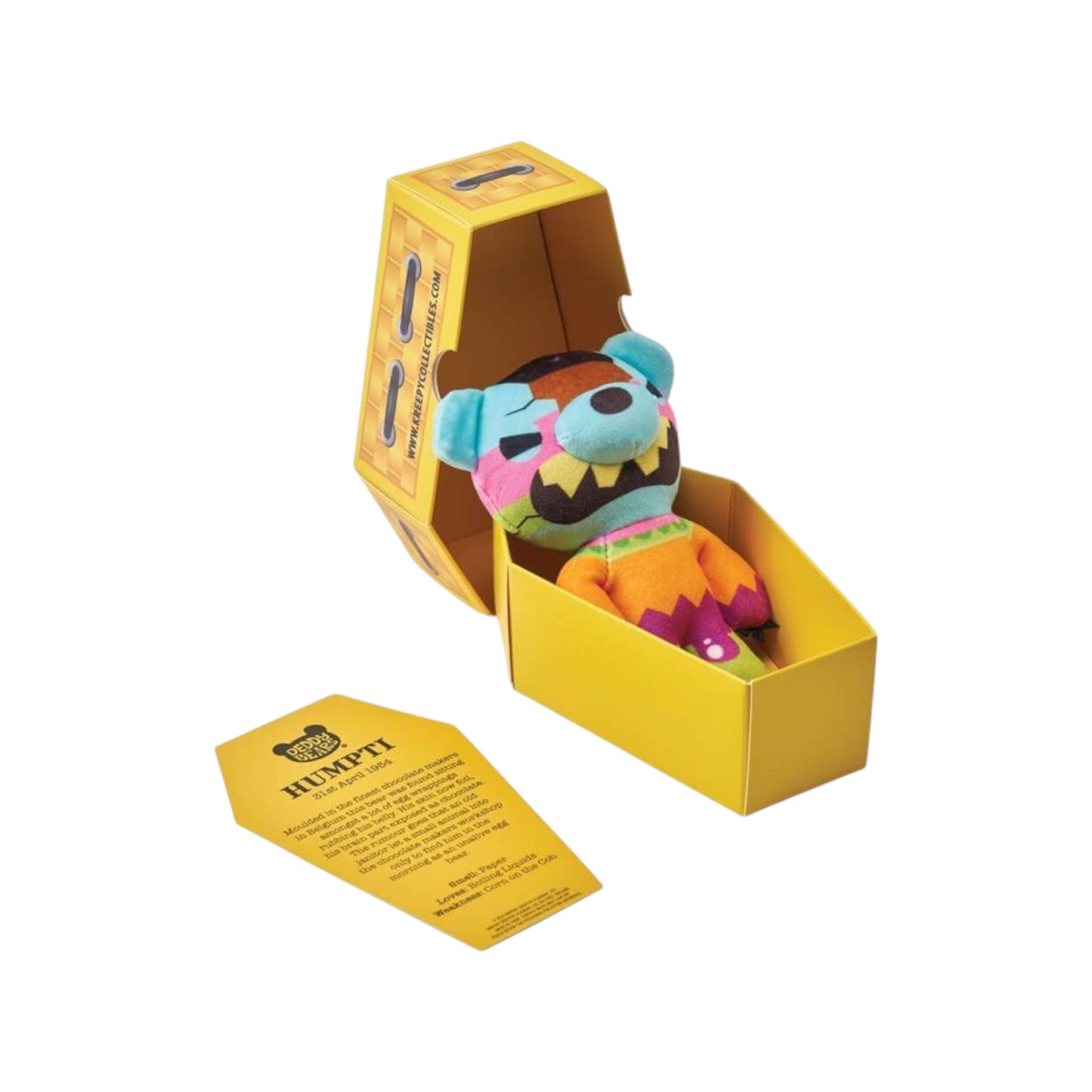 Deddy Bears Easter Series 1 Humpti 5-inch plush in coffin box, an undead egg with foil skin and exposed chocolate brain.