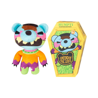 Deddy Bears Easter Series 1 Humpti 5-inch plush in coffin box, an undead egg with foil skin and exposed chocolate brain.