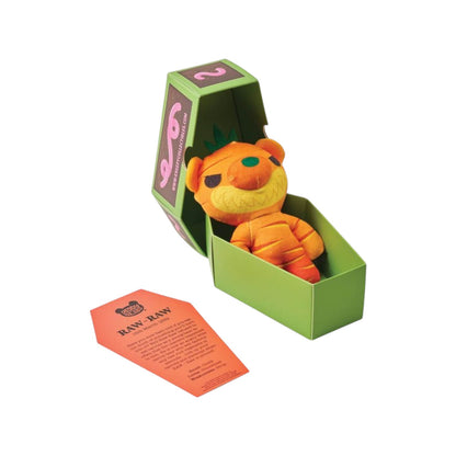 Deddy Bears Easter Series 1 Raw-Raw 5-inch plush in coffin box, an undead orange carrot bear with a green top.