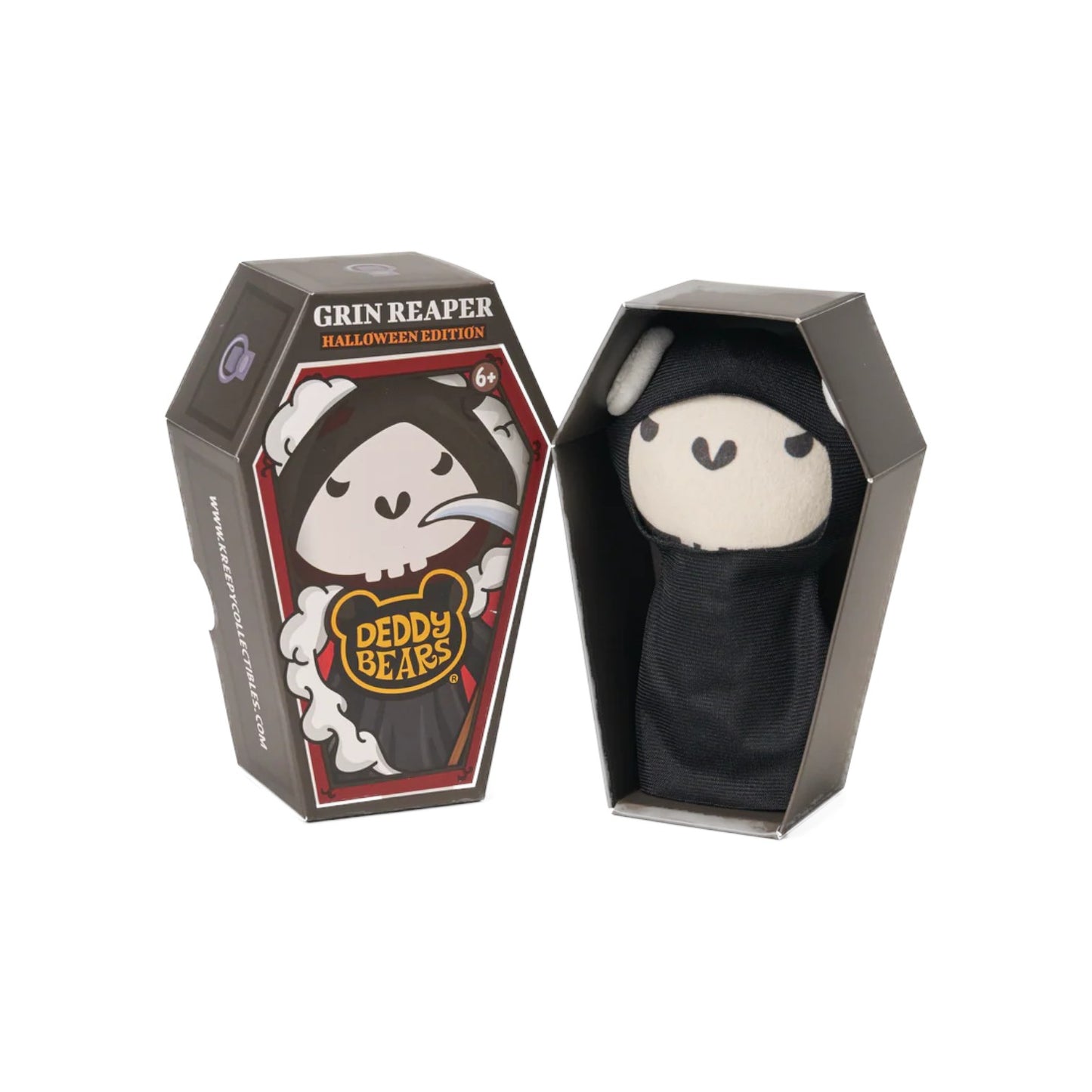 Deddy Bears Halloween Edition Grin Reaper 5-inch plush in coffin box, a bear with a white skull face wearing a black hooded robe.