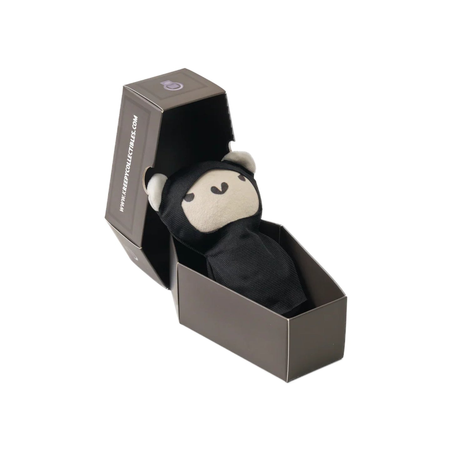 Deddy Bears Halloween Edition Grin Reaper 5-inch plush in coffin box, a bear with a white skull face wearing a black hooded robe.