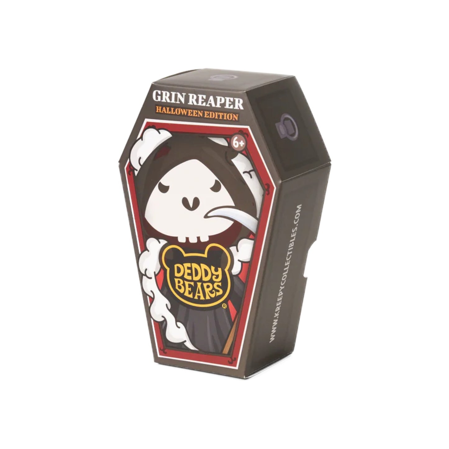 Halloween-themed product packaging with 'Grin Reaper' and 'Deddy Bears' branding on a white background.
