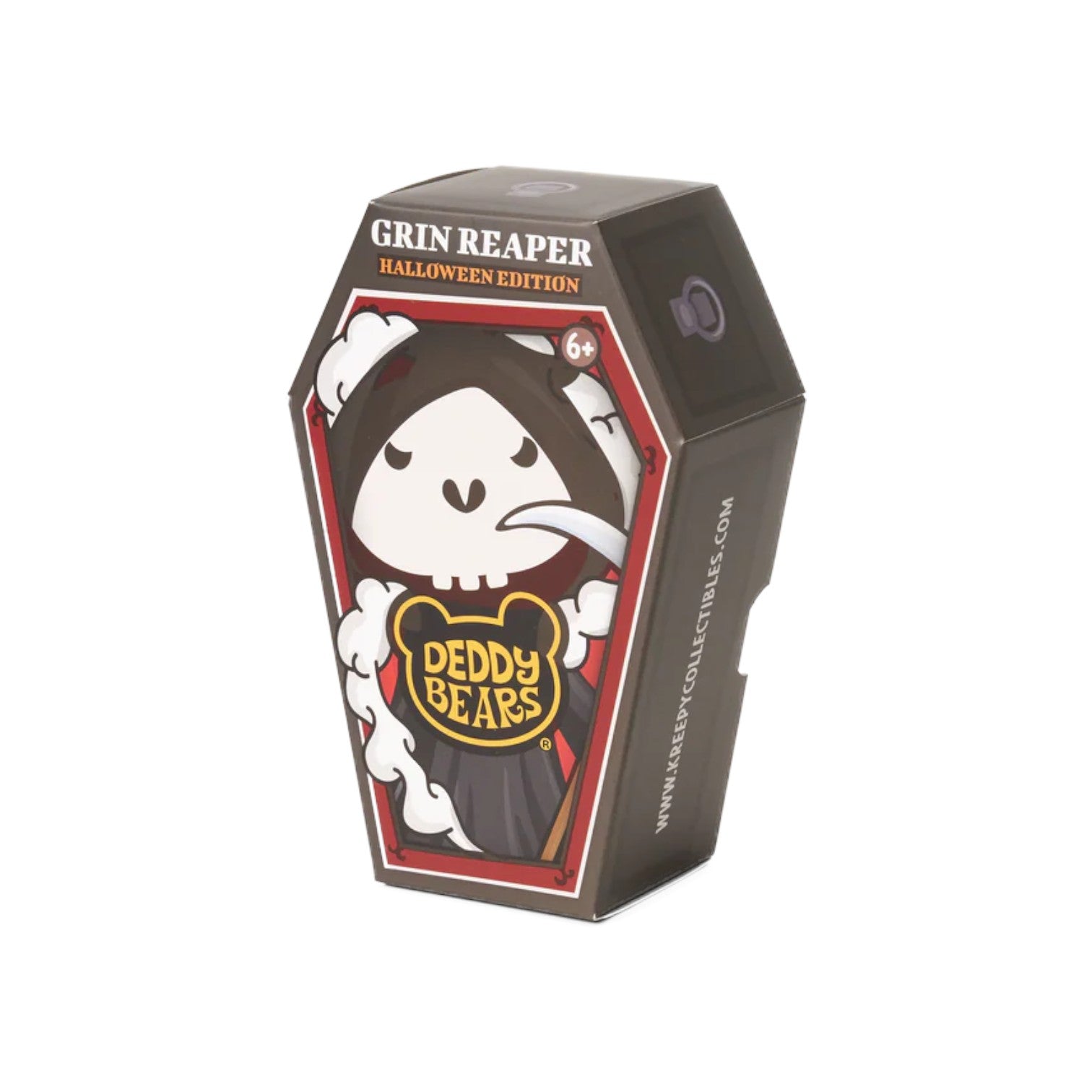Halloween-themed product packaging with 'Grin Reaper' and 'Deddy Bears' branding on a white background.
