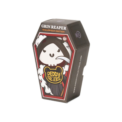 Halloween-themed product packaging with 'Grin Reaper' and 'Deddy Bears' branding on a white background.