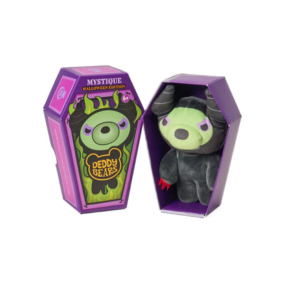Deddy Bears Halloween Edition Mystique 5-inch plush in coffin box, a grey bear with green face, horns, and red claws.