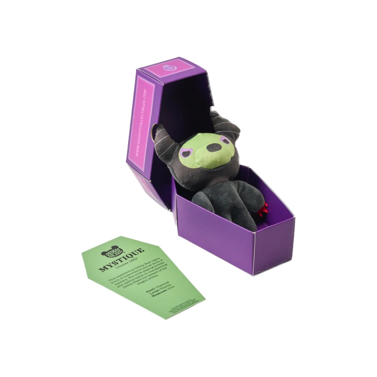 Deddy Bears Halloween Edition Mystique 5-inch plush in coffin box, a grey bear with green face, horns, and red claws.
