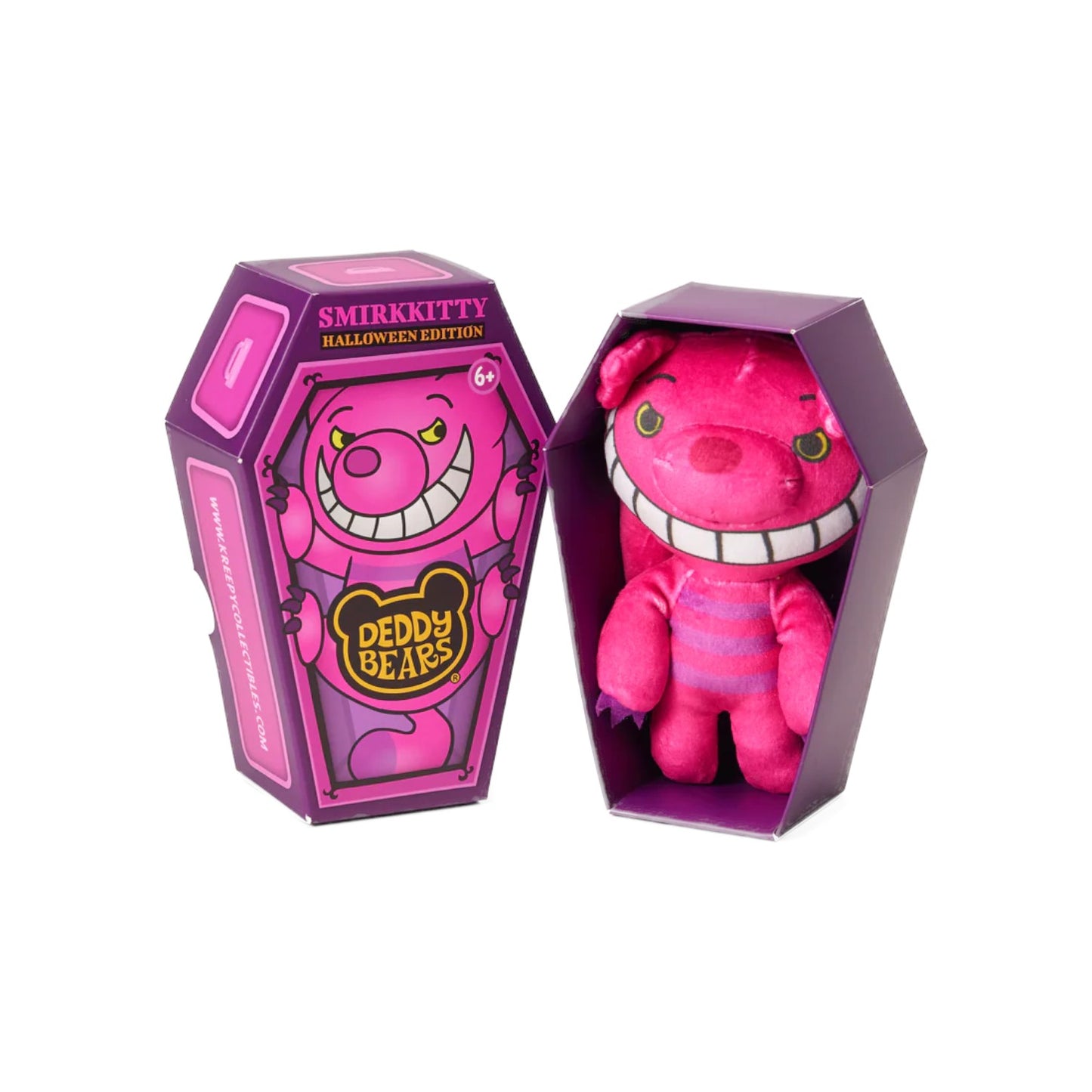 Deddy Bears Halloween Edition Smirkkitty 5-inch plush in coffin box, a pink and purple striped cat with a wide grin.