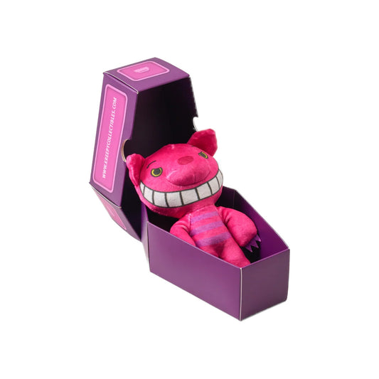 Deddy Bears Halloween Edition Smirkkitty 5-inch plush in coffin box, a pink and purple striped cat with a wide grin.